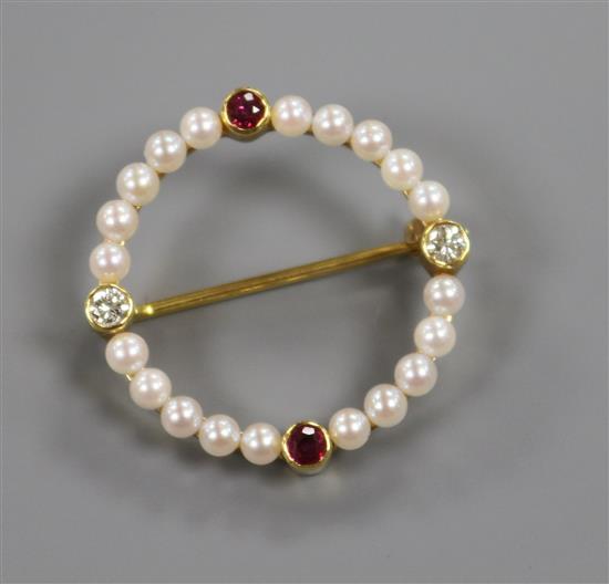An 18ct yellow gold, pearl, ruby and diamond-set target brooch, 25mm.